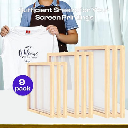 Caydo 9 Pieces Screen Printing Frame with 110 White Mesh, 3 Sizes Screen-Printed Wooden Frame for Handicraft Beginners, 10 x 14 Inch, 8 x 12 Inch, 6 x 10 Inch