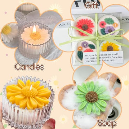 Daisy Candle Molds, Set of 4 Daisy Flower Molds with Leaf Molds - color: 4 PCS Daisy Molds with Leaf Mold