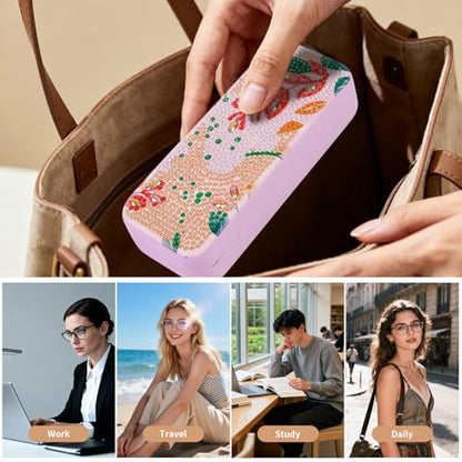 FlyingMage 5D Diamond Art Painting Kit for Adults Beginner, Small DIY Diamond Dots Gem Art Painting Mosaic Kits, Cute Hard Shell Sunglasses Eyeglasses Glasses Case for Women Teen, Boho Leaf - color: Pink Leaf