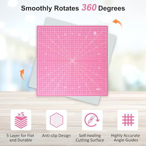 17"x17" Rotating Cutting Mat, Self Healing Mat with 360-Degree Rotation & Anti-Slip Base, Sewing Board Cutting Mat Perfect for Fabric Quilting Leather Hobby Project, Pink - color: Pink, size: 17"L x 17"W
