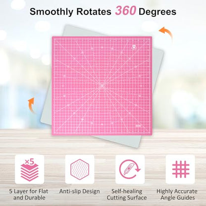 17"x17" Rotating Cutting Mat, Self Healing Mat with 360-Degree Rotation & Anti-Slip Base, Sewing Board Cutting Mat Perfect for Fabric Quilting Leather Hobby Project, Pink - color: Pink, size: 17"L x 17"W