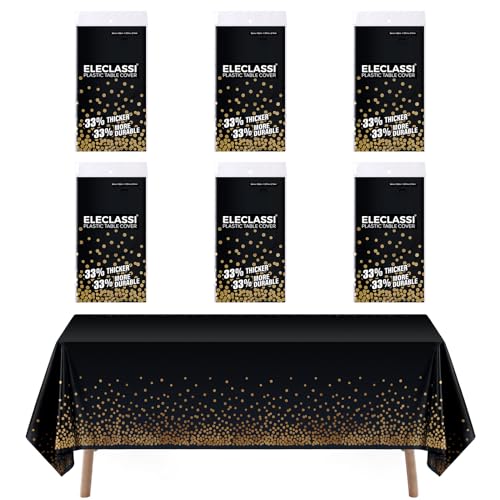 Eleclassi Black and Gold Dot 6 Pack Premium Disposable Plastic Tablecloth 54 x 108 in - Polka Dot Plastic Table Cloth Disposable Tablecloth for Rectangle Table up to 8 Feet - color: Black With Gold Dot