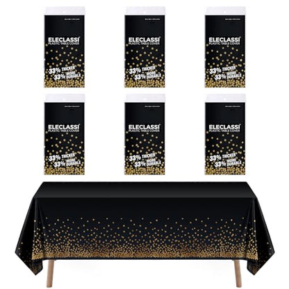 Eleclassi Black and Gold Dot 6 Pack Premium Disposable Plastic Tablecloth 54 x 108 in - Polka Dot Plastic Table Cloth Disposable Tablecloth for Rectangle Table up to 8 Feet - color: Black With Gold Dot