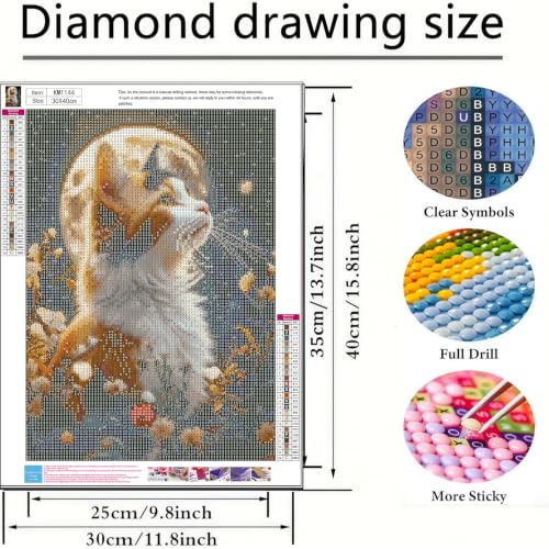 Moon Cat 5D Diamond Painting Kit, Wildflower Diamond Art for Adults | Full Round DrillDiamond Dots Kits Gem Arts DIY Crafts for Home Wall Deco Present Cat Lovers12x16inch - color: KM1144-1