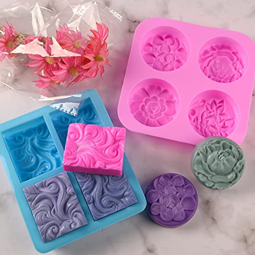 Sakolla 2 Pack Silicone Soap Molds, 4 Cavities Rectangle Wave and Round Flower Silicone Molds for Handmade Soap, Candle and Mousse Cake - color: Wave+Flower/Pink & Blue