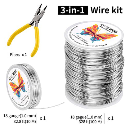 Aluminum Craft Wire 18 Gauge(1.0mm)–328 Feet(100M)+18 Gauge (1.0mm) 32.8Ft (10M) + Pliers – Bendable Metal Wire for Sculpting, Armature, Jewelry Making, DIY Crafts (Silver) - size: 18Gauge, style: Silvery