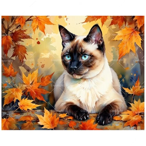 Blue-Eyed Cat in Autumn Paint by Numbers Kit for Adults - DIY Siamese Cat and Fall Foliage Painting on Canvas 16x20In, Framed Acrylic Paint Set, Suitable for Beginners, Pet Art for Decoration - color: FM04719, size: 16×20in Framed