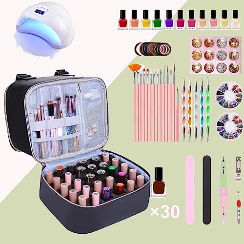 FCQQYWZ Nail Polish Organizer Case Hold 30+ Bottles (15ml/0.5 fl.oz) and a Nail Lamp, Double-Layer Nail Case Bag Nail Polish Organizer Bag, Nail Supply Organizers and Storage for Nail Tech (BLACK) - color: Black-30Bottles