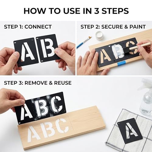 2 Inch Reusable Letter Stencils Symbol Numbers Craft Stencils, Black | 64 Pcs Interlocking Stencil Kit, For Painting on Wood, Wall, Fabric, Rock, Chalkboard, Sign, DIY Art Projects - color: black