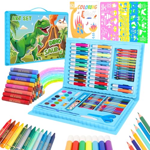 homicozy Art Supplies, Dinosaur Drawing & Coloring Set with Crayons, Colored Pencils, Markers, Sketchbook, Watercolor Cakes, Stencils, Arts and Crafts Painting Kit for Kids Ages 4-10, Girls Boys Gift - color: Green Dinosaur