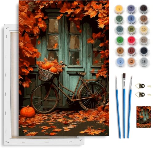 Spandrel Autumn Framed Paint by Numbers Kit for Adult Bicycle, Adult Paint by Number Kits on Canvas Fall Landscape, DIY Acrylic Oil Halloween Painting by Numbers for Home Wall Decor, 8x12in - color: H-16