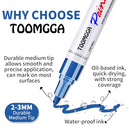 TOOMGGA 24 Blue Paint Pens Permanent Paint Markers, Oil Based Medium Tip | Marking Pens, Quick Drying, Waterproof, Fade-resistant, for Rock Painting, Car Tyre, Metal, Plastic, Canvas, Wood, Glass - color: Blue