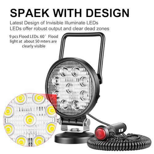 Willpower 4 inch 27W LED Work Light Bar with Magnetic Base, Cigarette Lighter Powered, Portable Off Road Light Flood Driving Fog Lights for Truck 4x4 Car Trailer Tractor Engineering Garage Camping - size: 4'' - 27W - Flood