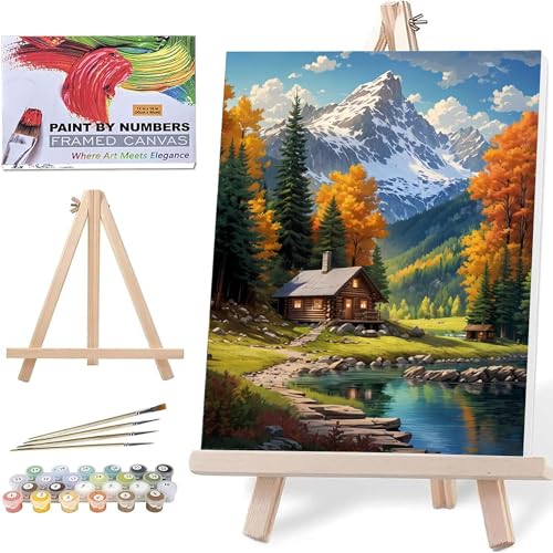 ldazao Mountain Paint By Numbers Kit for Adults Beginner with Frame Wooden Easel Cabin Adult Paint By Number Kits On Canvas for Gift Home Wall Decor 16x20 Inch - color: FSZ0027