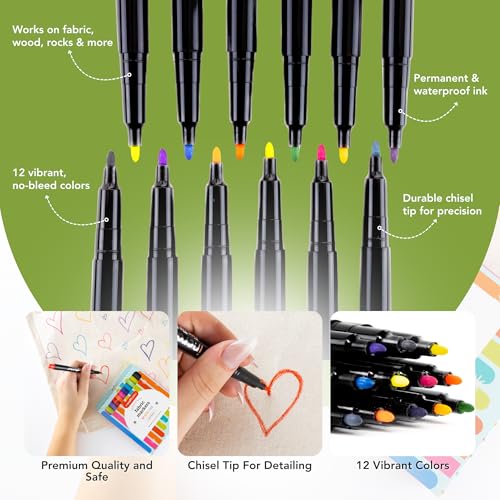 Incraftables Fabric Markers - 12 Pack Permanent Non-Bleed Markers for Clothes, Kids Crafts, Canvas Tote Bags, Quilting, & More - Vibrant Fabric Paint Pens - style: Fabric Marker