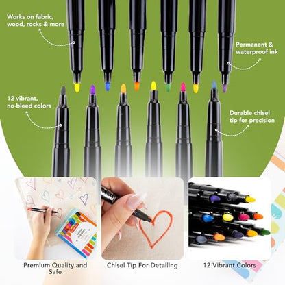 Incraftables Fabric Markers - 12 Pack Permanent Non-Bleed Markers for Clothes, Kids Crafts, Canvas Tote Bags, Quilting, & More - Vibrant Fabric Paint Pens - style: Fabric Marker