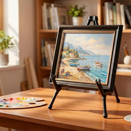 QWORK 14.5" Tabletop Easel Stand, Foldable Black Metal Tripod for Art Canvas, Posters & Signage, Adjustable Display Holder for Trade Shows, Presentations & Home Decor