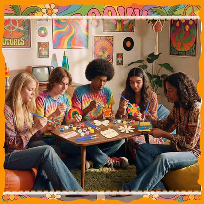Saypacck 24 Pcs Groovy Boho Hippie Party Favors Wooden Paint Craft Kits | Retro Daisy Rainbow Decorations for Goodie Bags, Bulk Thank You Gifts with Organza Pouch, Boho Hippie Activities for Kids - style: Modern