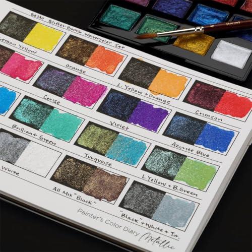 HG Art Concepts Metallic Watercolor Diary - Color Swatch Book - 5 Pk, 10 Removable 6x8 Pages, Spiral Bound w/Glassine Paper, 16 Metallic Swatch Boxes/Page, 140 lb Cotton Cold Press Watercolor Paper - color: Metallic Watercolor, size: 5 Pads | 50 Pages