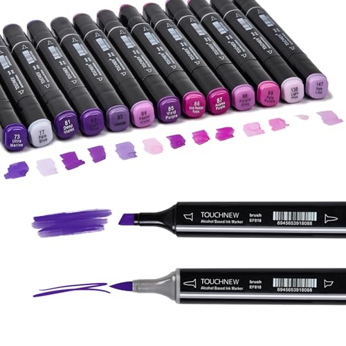 13Pcs Alcohol Markers Pure Color Series,Black Pen Barrel Dual Tip Soft Art Solid Color Markers Set for Adults Beginner Drawing Sketching (Purple) - color: Purple
