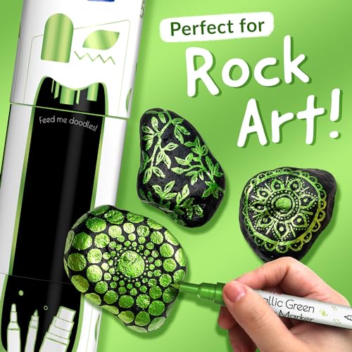 5 Green Paint Markers - Metallic Acrylic Pen for Rock Painting | Extra Fine Tip, Thin & Jumbo (1mm, 3mm, 6mm, 10mm, 15mm) - Permanent Marker for Fabric, Metal, Plastic, Canvas, Wood, Glass - color: Metallic Green
