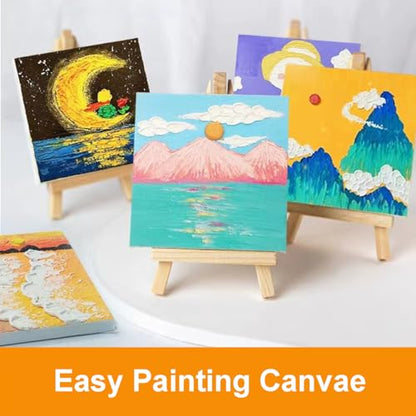 25 Pack 6 x 6 Inch Mini Canvas and Easel Set with Paint, Small Canvases for Painting with Easel Stand and 12 Colors Mini Paint Set, Bulk Students Acrylic Canvas Painting Kit for Paint Party Supplies