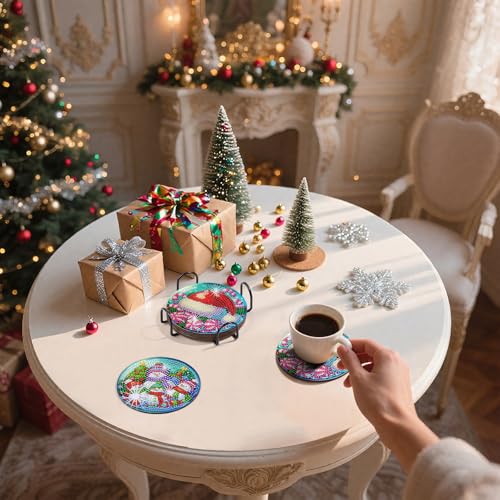 Zynlio Christmas Diamond Paintings Coasters Kits Set with Holder, Christmas Diamond Art, DIY Diamond Crafts Coasters for Adults, Diamond Art Painting Kits for Women, Beginners, Diamond Craft Supplies - color: christmas