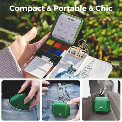 Funto Mini Watercolor Travel Set, Christmas Green Gift Travel Artist Outdoor Sketch Kits with 2 Foldable Palettes, Portable Leather Case and Metal Clip, Kit for Art Lovers - style: Utility Set