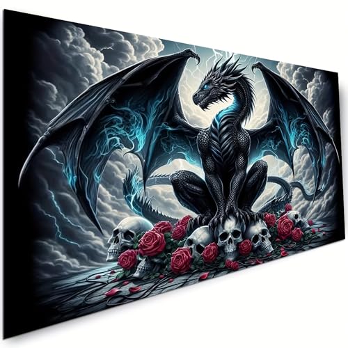 KUFWKEY 5D DIY Dragon Diamond Painting Kits for Adults,Fantasy Animal Art,Skull Gothic Art,Full Round Diamond Art Kits,Diamond Mosaic Emboridery for Home Decor,Big Size 27.5 x 15.7 inches - color: black dragon