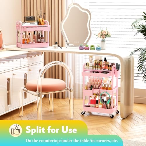 SUNALLY Makeup Cart Organizer with Drawer, 3 Tier Rolling Makeup Cart, Pink - color: Pink, size: 3 Tier