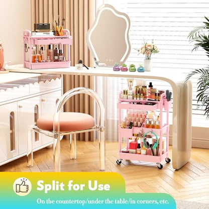 SUNALLY Makeup Cart Organizer with Drawer, 3 Tier Rolling Makeup Cart, Pink - color: Pink, size: 3 Tier