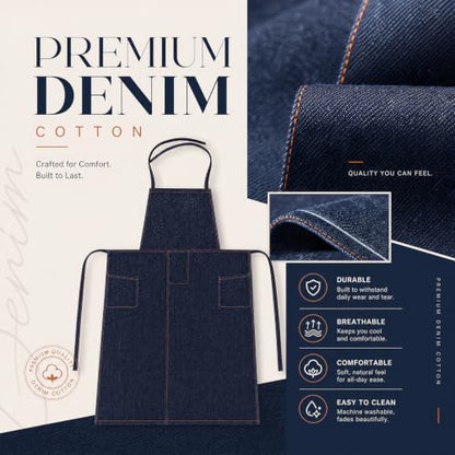Denim Clay Pottery Apron, Long Blue Denim Cotton Split Leg Apron, 35" x 27" One Size Fits Most with Slanted Side Pockets for Potters for Chefs, Gardeners, and Artists