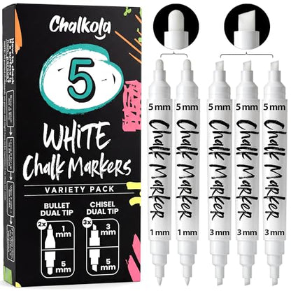 Chalkola 5 White Dual Tip Chalk Markers - Bullet & Chisel (1mm, 3mm, 5mm) - size: 5 White Dual Tip