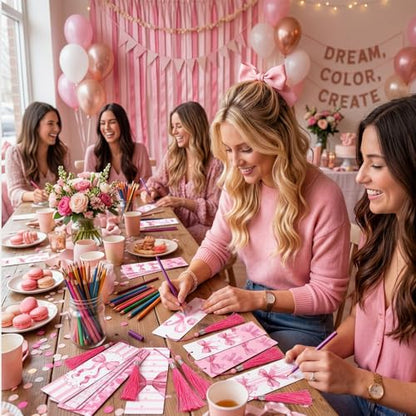 Kosiz 12 Pcs Pink Bow Paint by Number Kit for Adult Wood Bookmark | Mini Paint by Numbers Kit, Painting Decor, Tiny Tassels Blank Bookmarks, for Small DIY Craft Book Lovers Gift 7x2 '' - style: Pink Bow