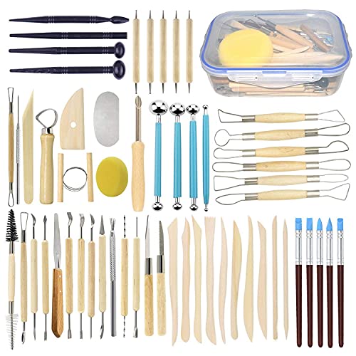 57PCS Ceramic Clay Tools Set with Plastic Case Modeling Pottery Sculpting Tools Kits for Beginners Professionals Crafts Polymer Clay Club, Dotting, Ribbon Trimming