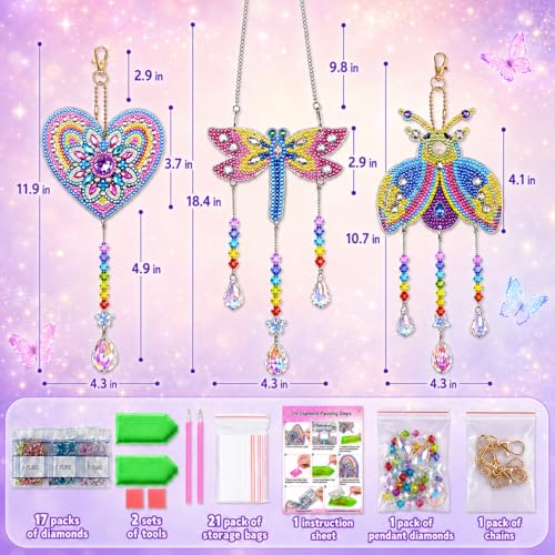 Diamond Art for Kids 8-12, 3 PCS Diamond Art Painting Sun Catcher for Girls - color: Yellow, Blue and Pink