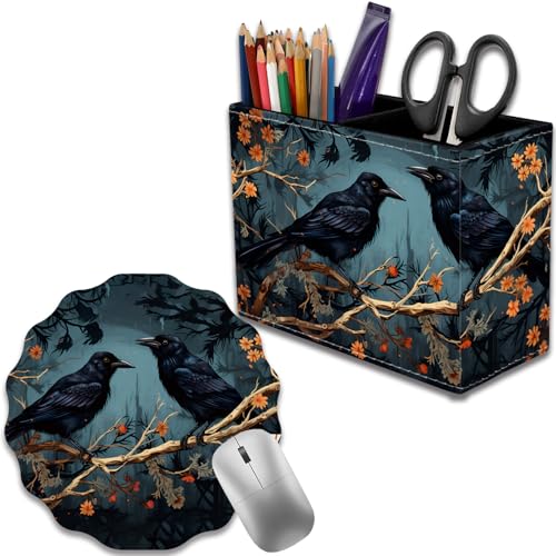 Pen Holder for Desk, PU Leather Multifunctional Desktop Storage Box and Anti-Slip Mouse Pad Set, Makeup Brush Holder Pen Organizer for Office and Home - Branch Crow - color: Branch Crow