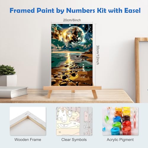 MOGTAA Starry Sky Paint by Numbers Kit for Adults Beginners with Frame, Beach Landscape Adult Paint by Number Kits on Canvas with Easel, Easy DIY Oil Painting Kits for Home Decor, 8x12in - color: Starry Sky