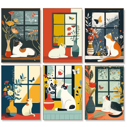 Offito 6 Pack Paint by Numbers Kit for Adults, Flowers Vase Cat, 10x14 Inch - color: BOP6PNP09