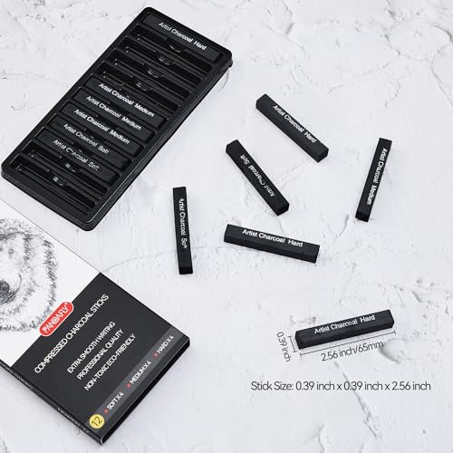PANDAFLY Compressed Charcoal Sticks, 12 Pack, Soft Medium & Hard | Black Square Vine Charcoal Sticks for Drawing, Sketching, Shading, Charcoal Drawing Set for Beginners & Pro Artists