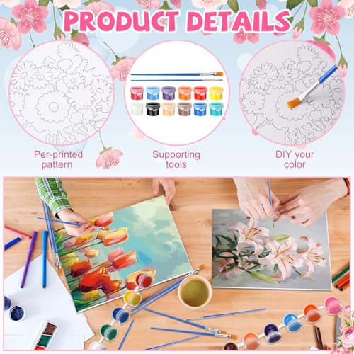 Blosssound 10 Set Pre Printed Canvas Pre Drawn Canvas Painting with Easel Kits 5" x 7" Outline Painting Panels for Beginners, DIY Craft Project, Party Favor, Home Decors(Flower) - style: Flower