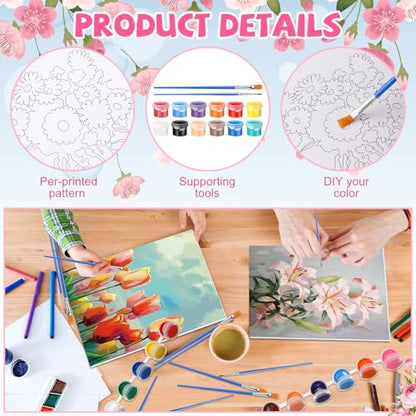 Blosssound 10 Set Pre Printed Canvas Pre Drawn Canvas Painting with Easel Kits 5" x 7" Outline Painting Panels for Beginners, DIY Craft Project, Party Favor, Home Decors(Flower) - style: Flower