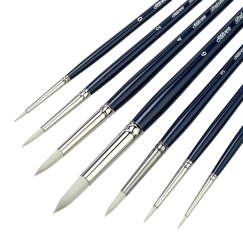 Silver Brush Limited Bristlon Long Handle Rounds Oil Paintbrush Set, 7pc | Sizes 00, 0, 1, 2, 3, 4, 6, Stiff Fine Point White Synthetic Bristle, Lightly Textured Strokes, Superb Paint Absorbency - color: Long Handle Rounds, size: 7 count