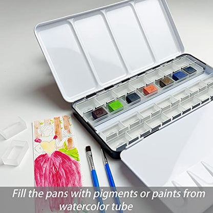 Large Watercolor Palette Tin with 28Pcs Watercolor Full Pans | Empty Metal Palette, 28Pcs White Full Pans, Folding Paint Tray, Palette with Lid, Mixing Area for Watercolor, Oils Gouache - style: Tin with 28 Transparent Full Pans