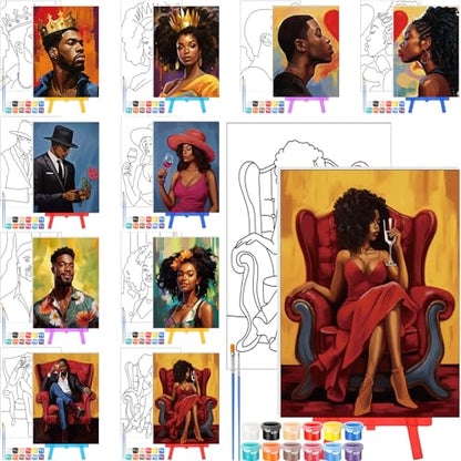 Blosssound 10 Set Pre Printed Canvas Pre Drawn Canvas Painting with Easel Kits 5" x 7" Outline Painting Panels for Beginners, DIY Craft Project, Party Favor, Home Decors(Couple) - style: Couple
