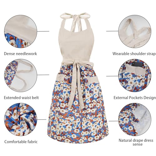Cute Floral Apron for Women with Pockets, Cotton, Adjustable Straps - color: Beige