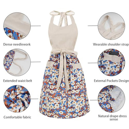 Cute Floral Apron for Women with Pockets, Cotton, Adjustable Straps - color: Beige