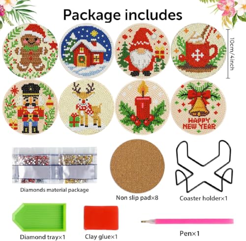 Clendo 8 Pcs Christmas Diamond Art Coasters Kit with Holder, Xmas Small Diamond Art Kits for Adults Beginners, Diamond Painting Coasters Arts and Crafts for Adults Supplies Item Sets - color: JXBD144-US