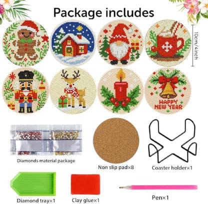 Clendo 8 Pcs Christmas Diamond Art Coasters Kit with Holder, Xmas Small Diamond Art Kits for Adults Beginners, Diamond Painting Coasters Arts and Crafts for Adults Supplies Item Sets - color: JXBD144-US
