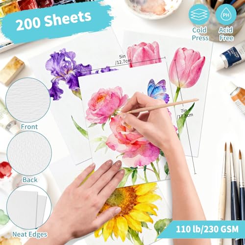 OSIMIG 200 Sheets 5x7” Watercolor Paper Bulk,110lb/230gsm Water Color Paper | Cold Press White Thick Water Color Paper Pad, Drawing Painting Paper Bulk, Art Supplies for Kids & Adults